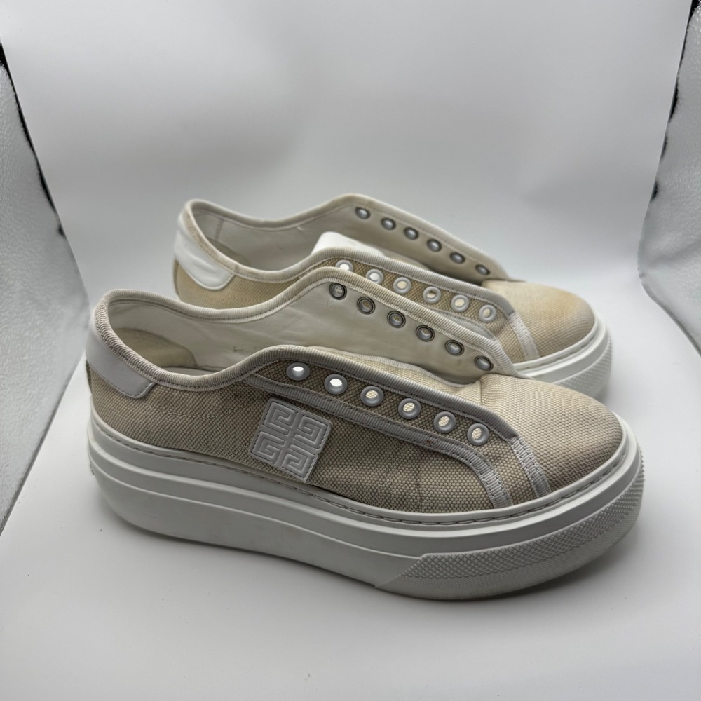 Givenchy City Court Platform Sneakers Beige Canvas 4G Logo Low Top Shoes 36 USED